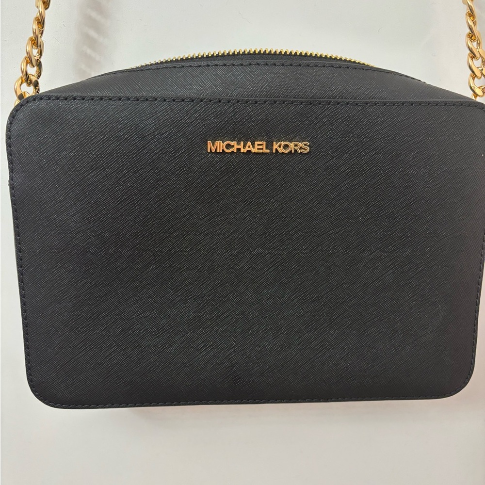 Michael Kors Women Leather Crossbody Bag Purse Messenger Handbag Black Gold MK